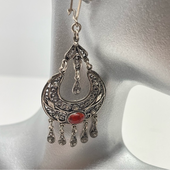 Sterling Silver 925 Dangle Earrings Amber Cabochon - Picture 11 of 11